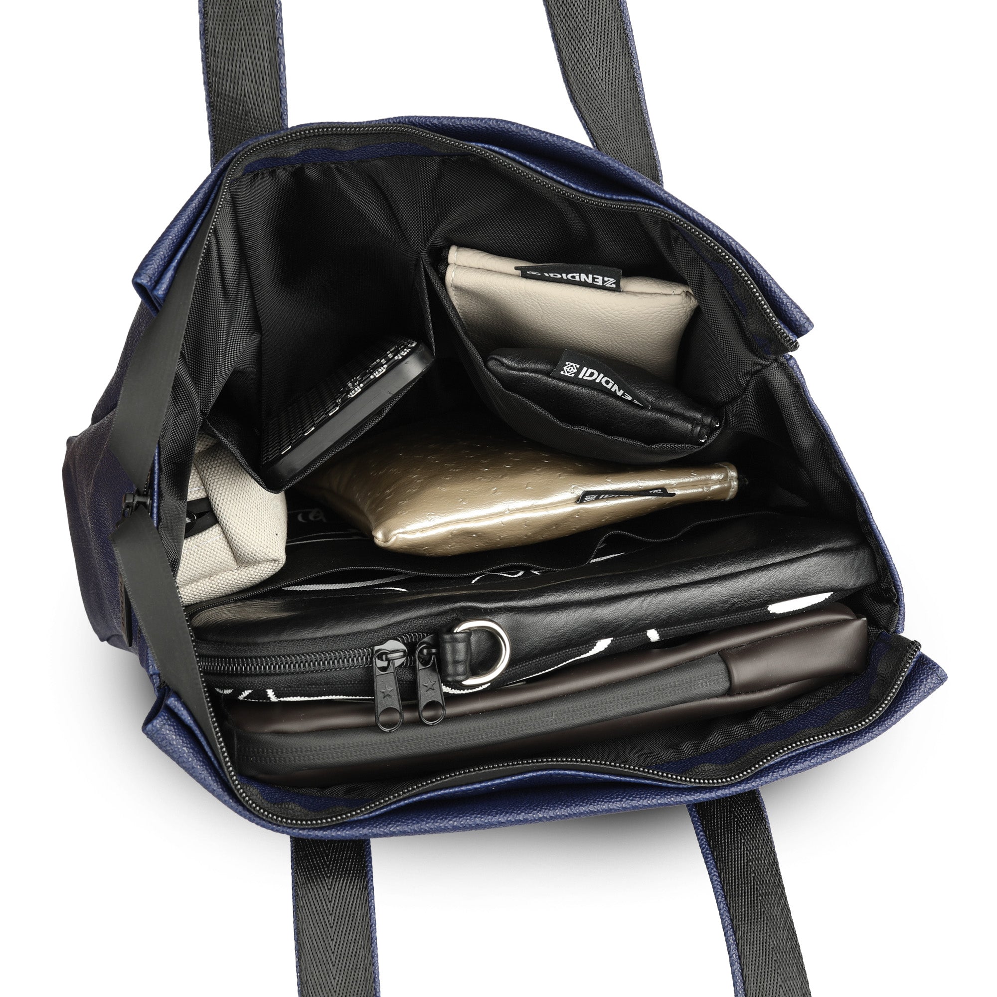 תיק צד נינה, מבט על החלוקה הפנימית, תיק מלא בקלמר, טלפון, אייפד ולפטופ 14 אינץ׳