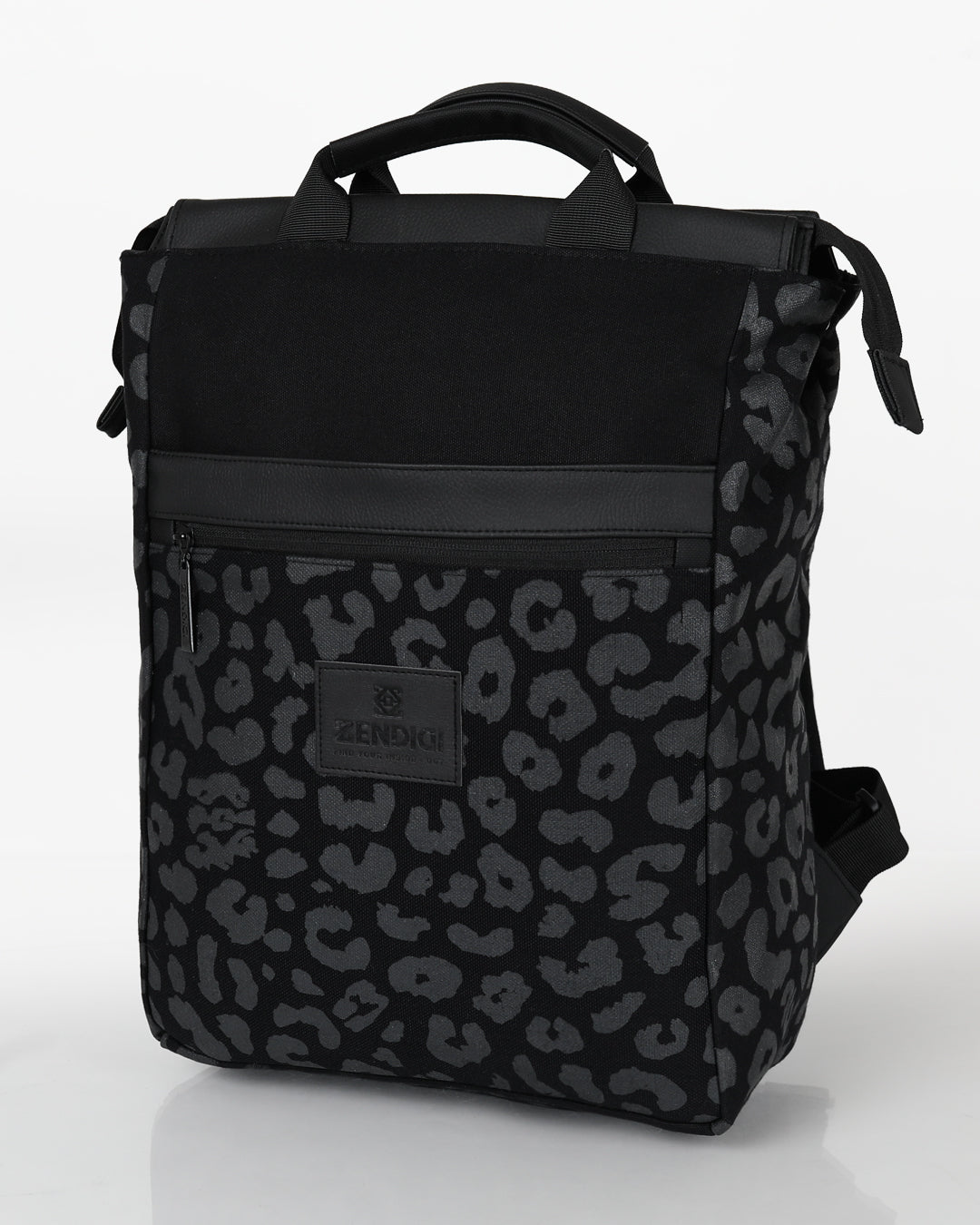 תיק גב מרופד למחשב מילאנו שחור מנומר, מודפס בעבודת יד בסטודיו, מתאים מאוד לסטודנטים והייטקיסטים.