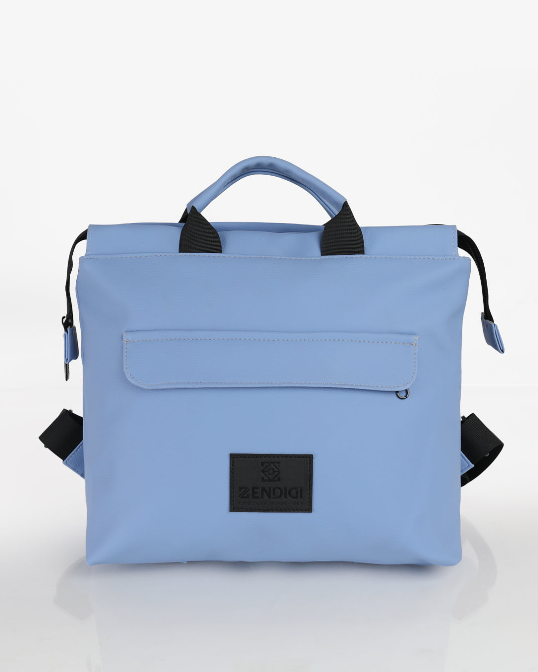 תיק גב מדריד כחול בהיר תיק טבעוני בעיצוב ריבועי של זנדיגי - מתאים לנשים ולגברים, כולל תא קדמי מוסתר ורוכסן עליון מוצג מהפרונט