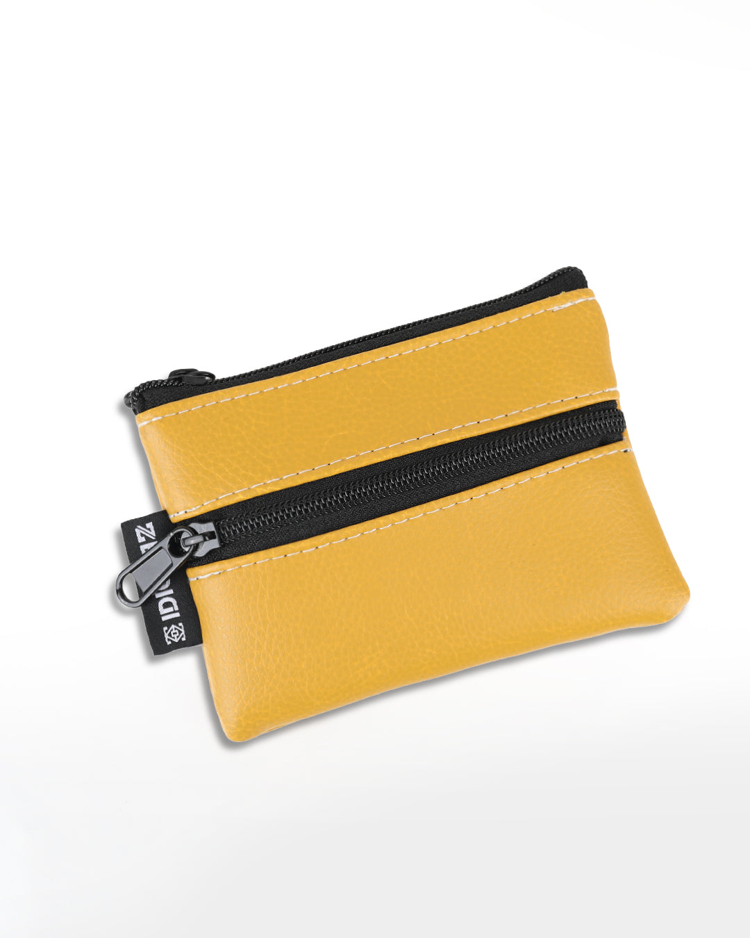 ארנק טבעוני קטן דאבל ביג׳י צהוב חרדל, תא אחד לכרטיסי אשראי ומזומן ותא קטן למטבעות 